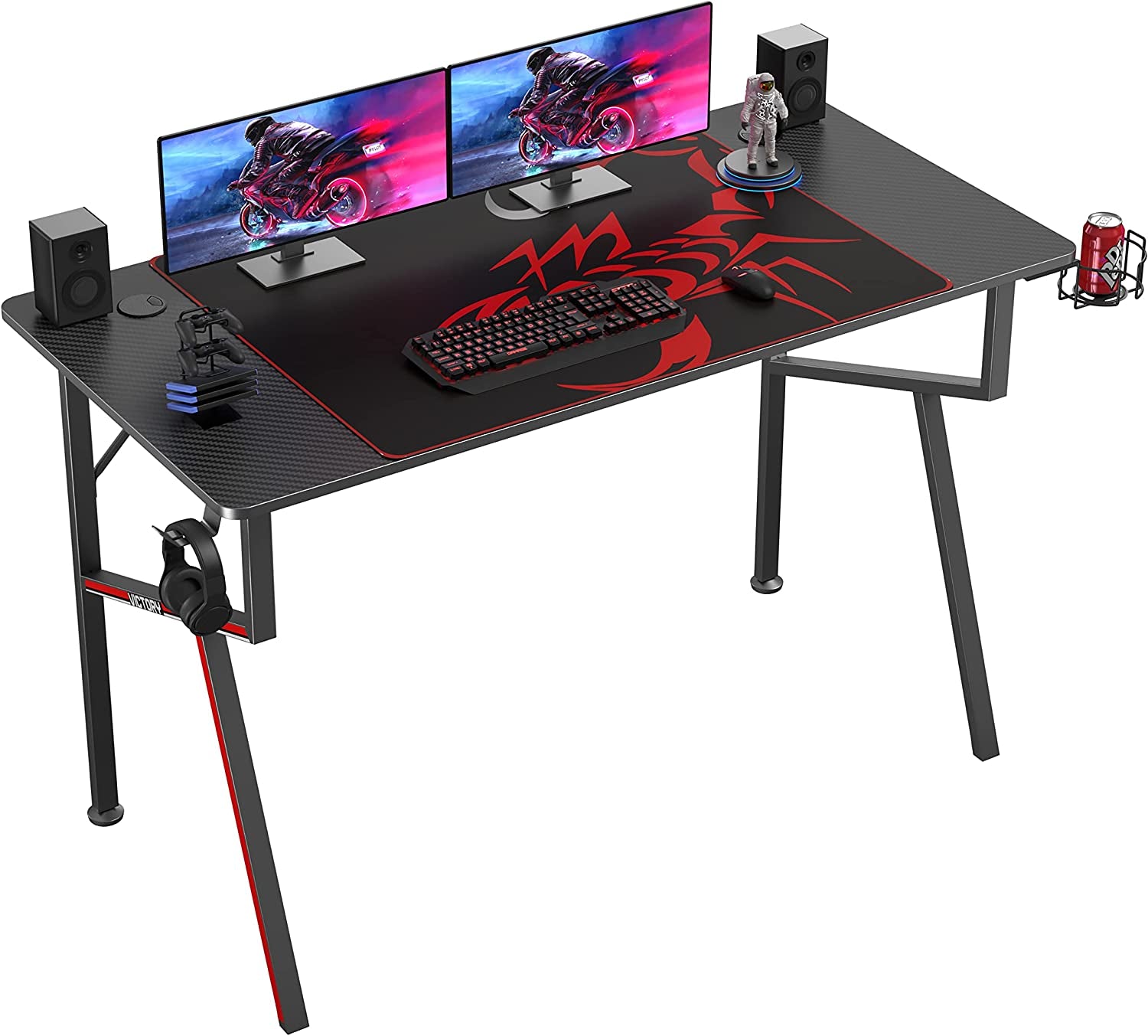 Gaming Desk 47 Inch, K Shaped Home Office PC Computer Desk Table for Gamer with Cable Management, Game Controller Stand, Cup Holder, Headphone Hook, Free Mouse Pad, Carbon Fiber Black